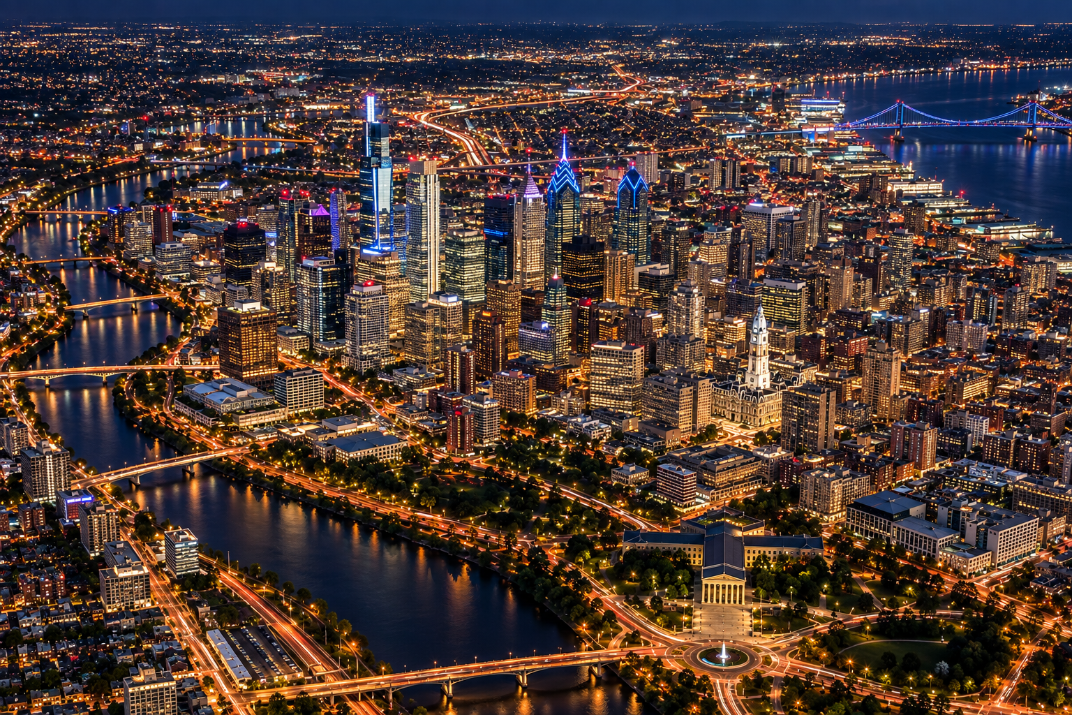 The Philadelphia skyline and rivers illuminated at night